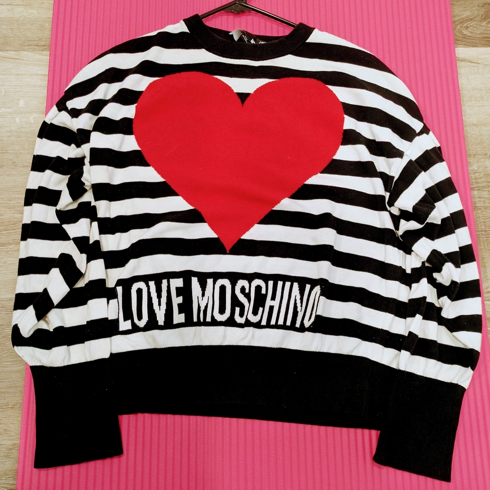 Love Moschino Black and White Striped Sweater with Red Heart